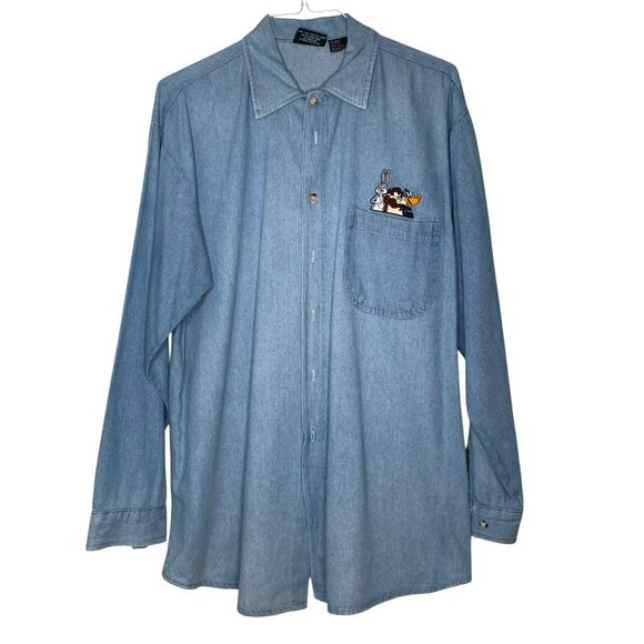 Warner Bros Other - VTG 90s Looney Tunes Denim Shirt Bugs Bunny Daffy Duck Embroidered Warner Bros